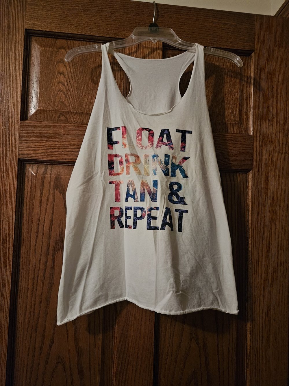 White Graphic Racerback Tank - "Float Drink Tan & Repeat"